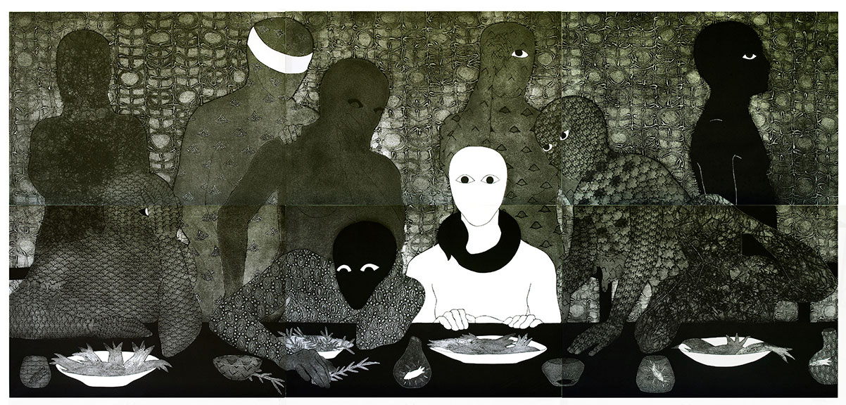 Belkis Ayón, "La cena (The Supper)", 1991, Collograph, 1380 x 3000 mm